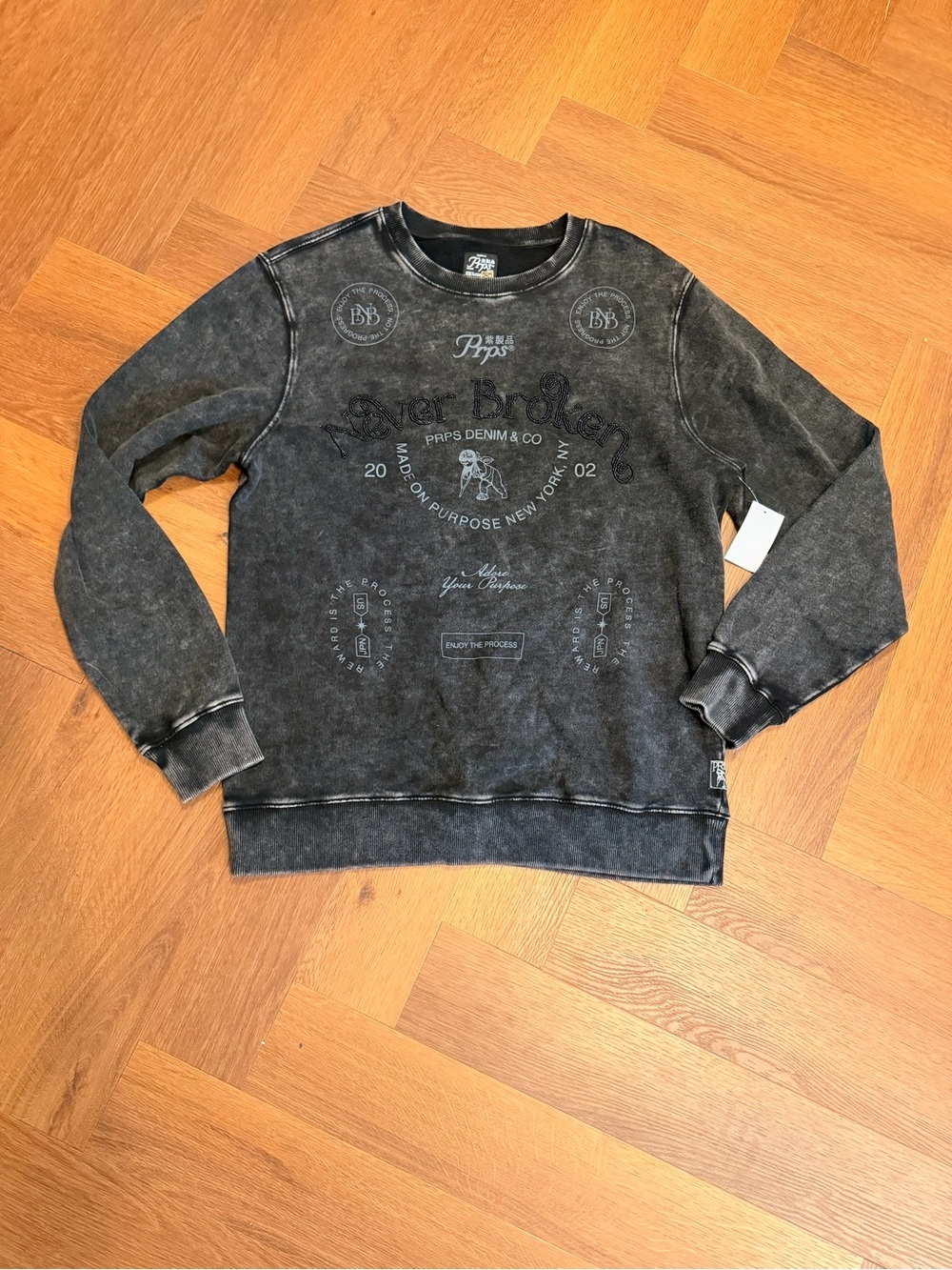 PRPS Never Broken Acid Wash Graphic Sweatshirt Black Beaded Logo Crewneck